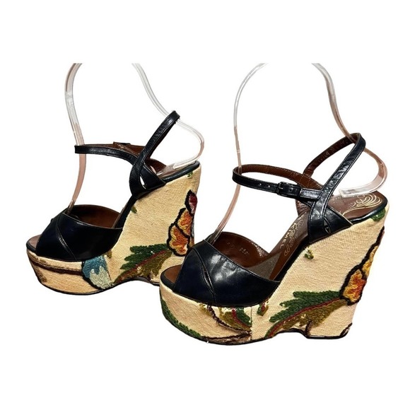BONNIE smith for kimmel "The wonder wedge" vintage leather & floral needlework - Picture 3 of 10